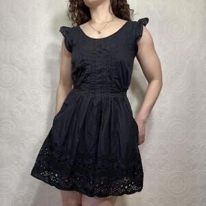 Bebe Fit and Flare Mini Dress Womens Medium Black Cotton Eyelet Ruffle Boho